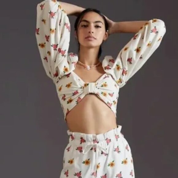 FARM RIO Mixed Cross Stitch Embroidered Flowers Puff Sleeve White Crop Top Sz M - Picture 2 of 11